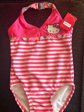 Hello Kitty Pink and White Striped Halter One-Piece Swimsuit size 2T